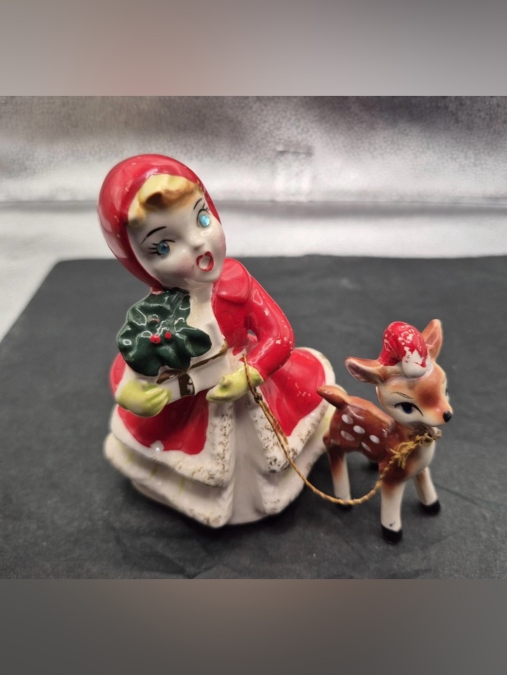 Vintage Shopper Girl MCM Christmas Figurine Rhinestone Eyes w Deer Fawn KREISS
